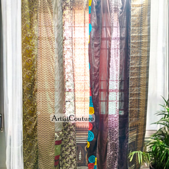 Handmade Indian Silk Saree Curtains Boho Patchwork Window Decor (Set of 2) - 1