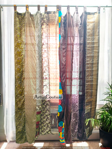 Handmade Indian Silk Saree Curtains Boho Patchwork Window Decor (Set of 2) - 1