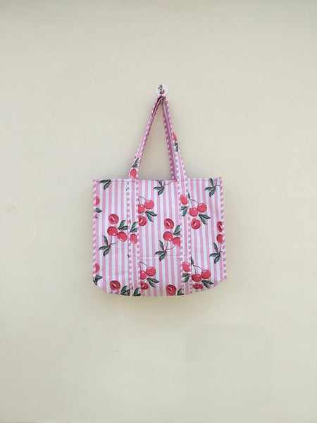 Quilted cotton handprinted reversible large floral patch work stripe tote bag eco friendly Sturdy Grocery Shopping Artist Boho - 38