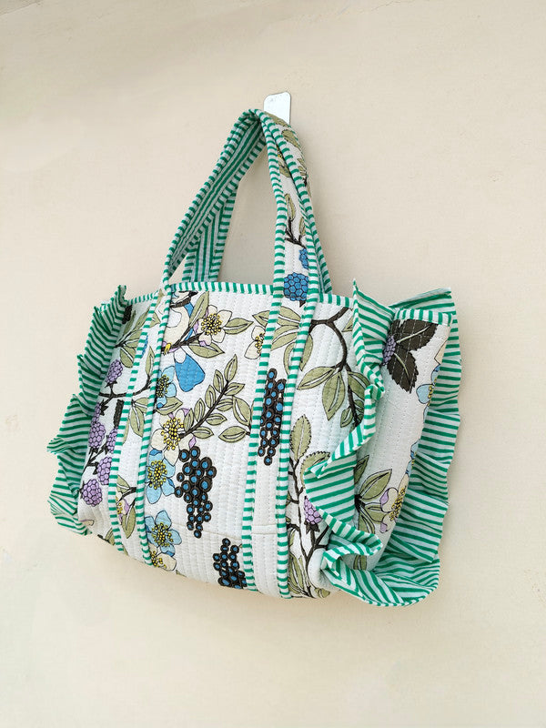 Quilted cotton handprinted reversible large floral patch work stripe tote bag eco friendly Sturdy Grocery Shopping Artist Boho - 37