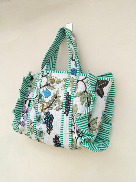 Quilted cotton handprinted reversible large floral patch work stripe tote bag eco friendly Sturdy Grocery Shopping Artist Boho - 37