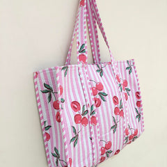 Quilted cotton handprinted reversible large floral patch work stripe tote bag eco friendly Sturdy Grocery Shopping Artist Boho - 38