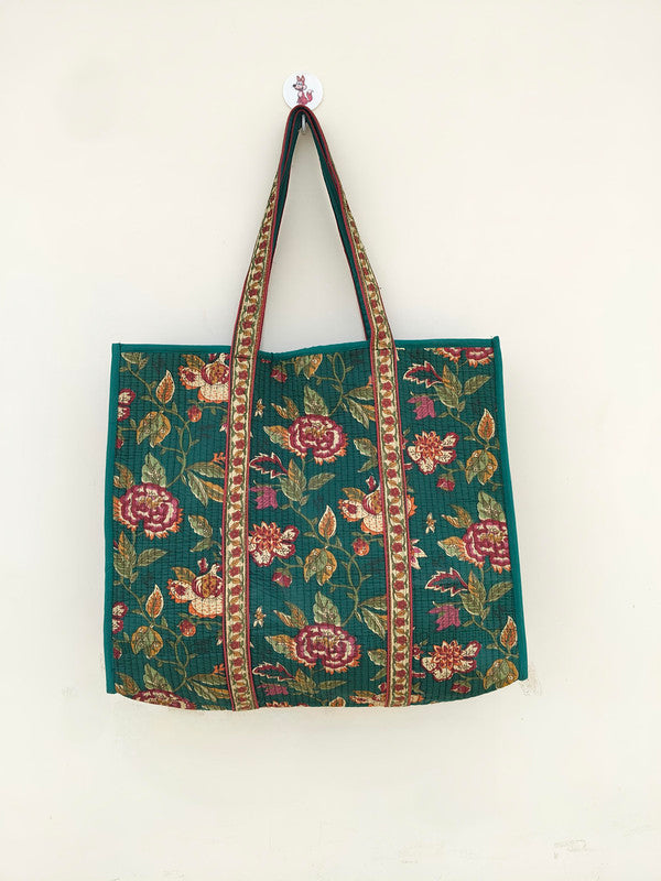 Quilted cotton handprinted reversible large floral patch work stripe tote bag eco friendly Sturdy Grocery Shopping Artist Boho - 31