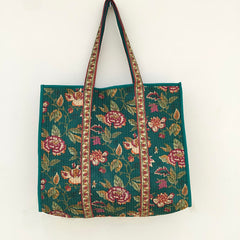 Quilted cotton handprinted reversible large floral patch work stripe tote bag eco friendly Sturdy Grocery Shopping Artist Boho - 31