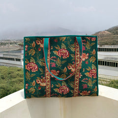 Quilted cotton handprinted reversible large floral patch work stripe tote bag eco friendly Sturdy Grocery Shopping Artist Boho - 31