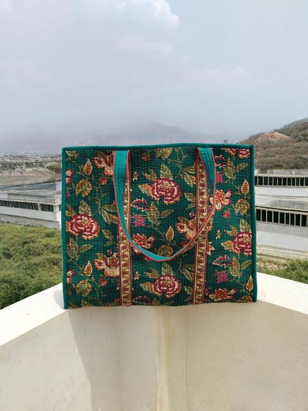 Quilted cotton handprinted reversible large floral patch work stripe tote bag eco friendly Sturdy Grocery Shopping Artist Boho - 31