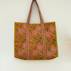 Quilted cotton handprinted reversible large floral patch work stripe tote bag eco friendly Sturdy Grocery Shopping Artist Boho - 35