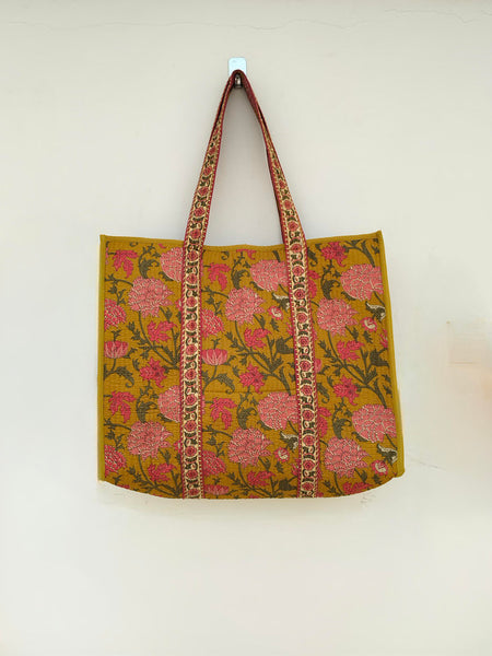 Quilted cotton handprinted reversible large floral patch work stripe tote bag eco friendly Sturdy Grocery Shopping Artist Boho - 35