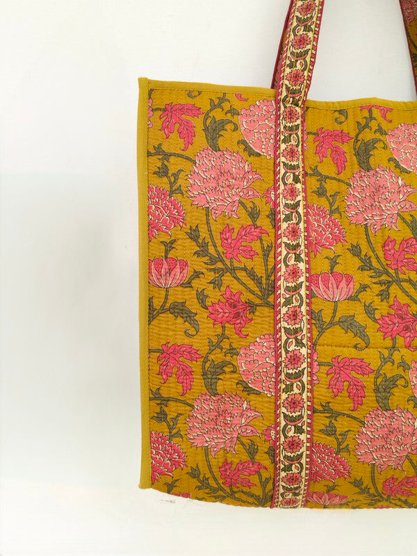 Quilted cotton handprinted reversible large floral patch work stripe tote bag eco friendly Sturdy Grocery Shopping Artist Boho - 35