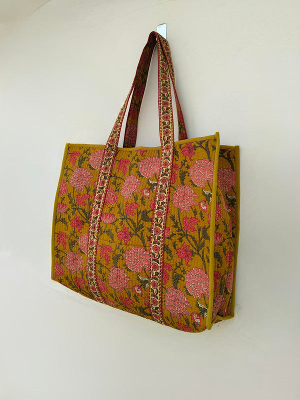 Quilted cotton handprinted reversible large floral patch work stripe tote bag eco friendly Sturdy Grocery Shopping Artist Boho - 35