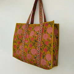 Quilted cotton handprinted reversible large floral patch work stripe tote bag eco friendly Sturdy Grocery Shopping Artist Boho - 35