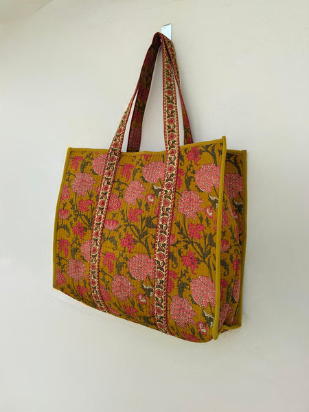 Quilted cotton handprinted reversible large floral patch work stripe tote bag eco friendly Sturdy Grocery Shopping Artist Boho - 35