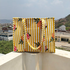 Quilted cotton handprinted reversible large floral patch work stripe tote bag eco friendly Sturdy Grocery Shopping Artist Boho - 33