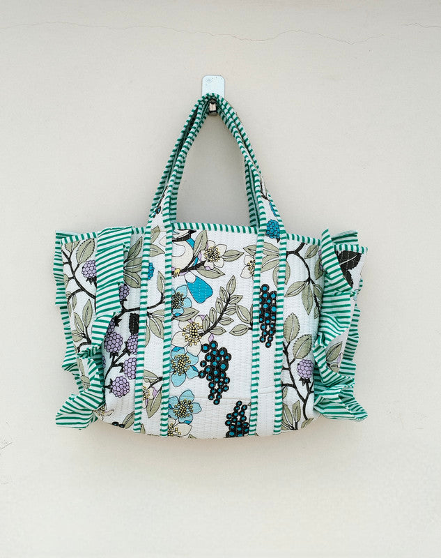Quilted cotton handprinted reversible large floral patch work stripe tote bag eco friendly Sturdy Grocery Shopping Artist Boho - 37