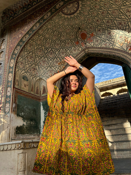 Indian Vintage Yellow Floral Kaftan Dress 100% Cotton Long Beach Maxi Kimono One Size