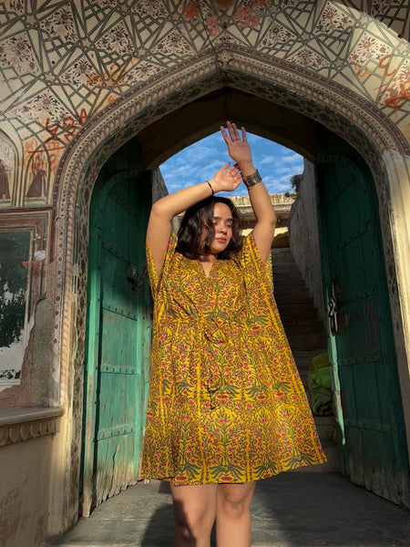 Indian Vintage Yellow Floral Kaftan Dress 100% Cotton Long Beach Maxi Kimono One Size