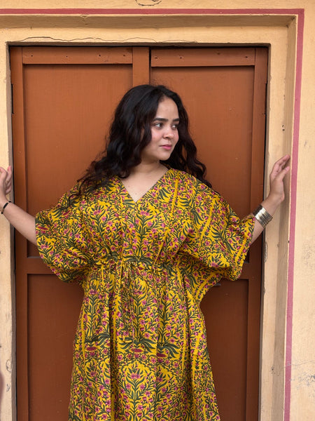 Indian Vintage Yellow Floral Kaftan Dress 100% Cotton Long Beach Maxi Kimono One Size