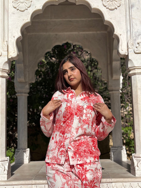 Women's Red Floral Paisley Long Sleeve Pajama Set Cozy Sleepwear & Perfect Gift for Her