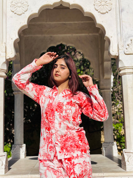 Women's Red Floral Paisley Long Sleeve Pajama Set Cozy Sleepwear & Perfect Gift for Her