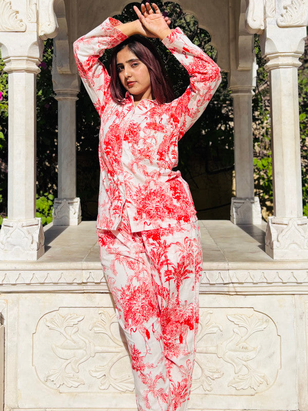 Women's Red Floral Paisley Long Sleeve Pajama Set Cozy Sleepwear & Perfect Gift for Her