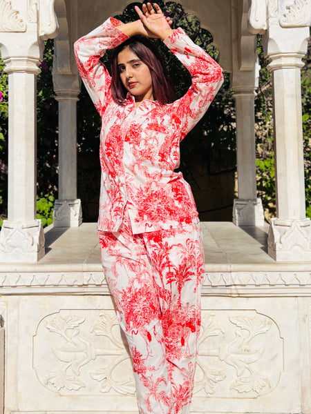 Women's Red Floral Paisley Long Sleeve Pajama Set Cozy Sleepwear & Perfect Gift for Her