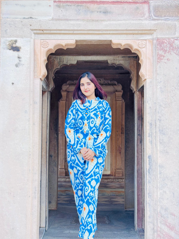 Women's Long Sleeve Pajama Set Blue Floral Paisley Print Cozy Sleepwear Gift for Her