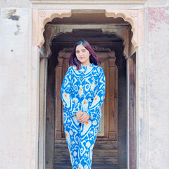 Women's Long Sleeve Pajama Set Blue Floral Paisley Print Cozy Sleepwear Gift for Her