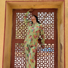 Women's Long Sleeve Pajama Set Green Papaya Print, Perfect Gift for Her