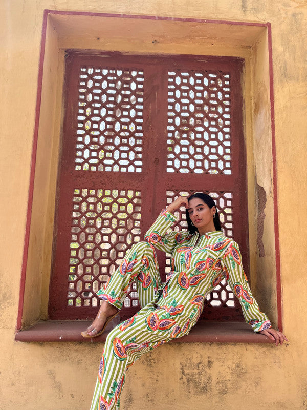 Women's Long Sleeve Pajama Set Green Papaya Print, Perfect Gift for Her