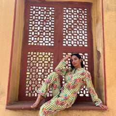 Women's Long Sleeve Pajama Set Green Papaya Print, Perfect Gift for Her