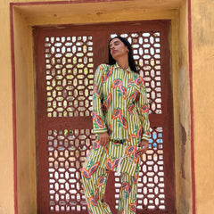 Women's Long Sleeve Pajama Set Green Papaya Print, Perfect Gift for Her