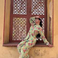 Women's Long Sleeve Pajama Set Green Papaya Print, Perfect Gift for Her