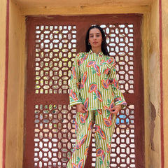 Women's Long Sleeve Pajama Set Green Papaya Print, Perfect Gift for Her