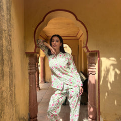 Green Floral Pajama Set for Women Long Sleeve Sleepwear Cozy Loungewear Best Gift for Her