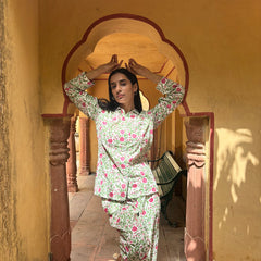 Green Floral Pajama Set for Women Long Sleeve Sleepwear Cozy Loungewear Best Gift for Her