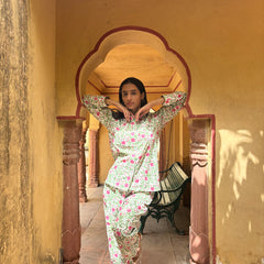 Green Floral Pajama Set for Women Long Sleeve Sleepwear Cozy Loungewear Best Gift for Her