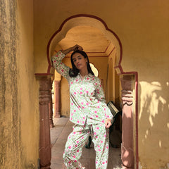 Green Floral Pajama Set for Women Long Sleeve Sleepwear Cozy Loungewear Best Gift for Her