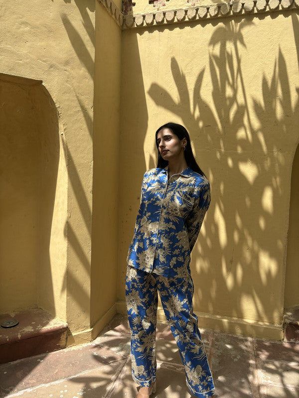 Women's Blue Floral Long Sleeve Pajama Set Cozy Sleepwear Gift for Her