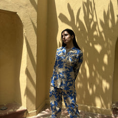 Women's Blue Floral Long Sleeve Pajama Set Cozy Sleepwear Gift for Her