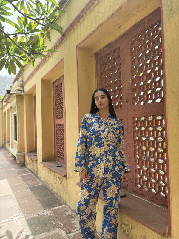 Women's Blue Floral Long Sleeve Pajama Set Cozy Sleepwear Gift for Her