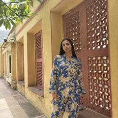 Women's Blue Floral Long Sleeve Pajama Set Cozy Sleepwear Gift for Her