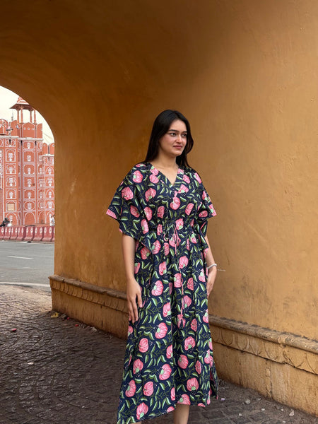 Indian Vintage Floral Kaftan Dress 100% Cotton Long Beach Maxi One Size Black
