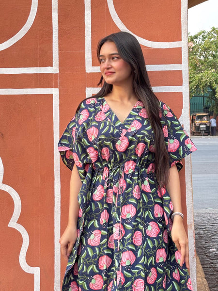 Indian Vintage Floral Kaftan Dress 100% Cotton Long Beach Maxi One Size Black