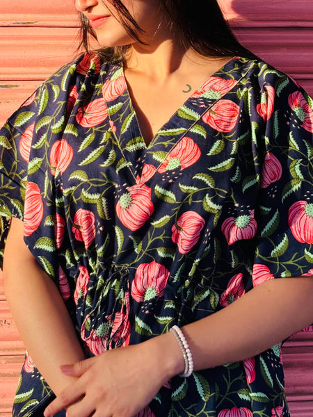 Indian Vintage Floral Kaftan Dress 100% Cotton Long Beach Maxi One Size Black