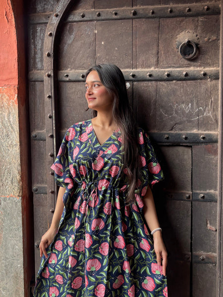 Indian Vintage Floral Kaftan Dress 100% Cotton Long Beach Maxi One Size Black