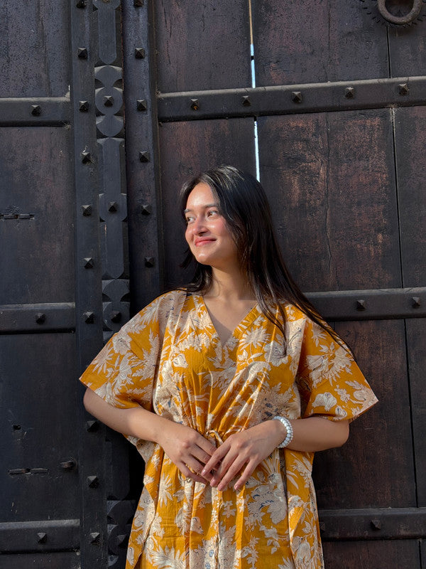 Indian Vintage Yellow Floral Kaftan Dress 100% Cotton Long Beach Maxi One Size - kraafty-com