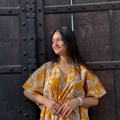 Indian Vintage Yellow Floral Kaftan Dress 100% Cotton Long Beach Maxi One Size - kraafty-com