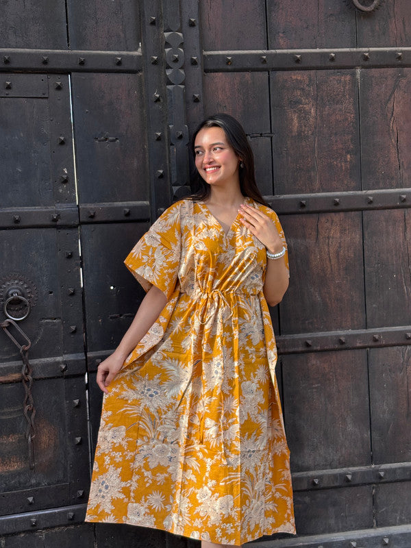 Indian Vintage Yellow Floral Kaftan Dress 100% Cotton Long Beach Maxi One Size - kraafty-com