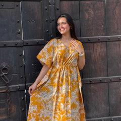 Indian Vintage Yellow Floral Kaftan Dress 100% Cotton Long Beach Maxi One Size - kraafty-com