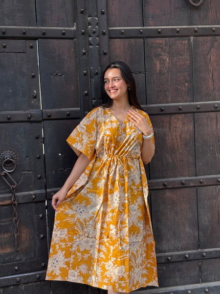 Indian Vintage Yellow Floral Kaftan Dress 100% Cotton Long Beach Maxi One Size